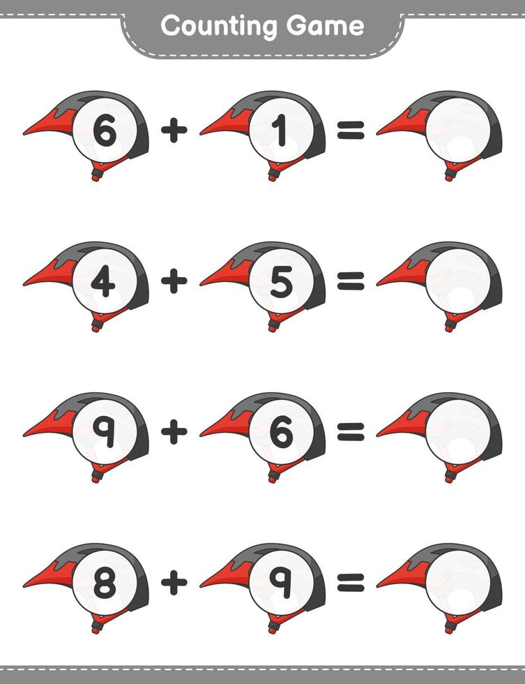 Count and match, count the number of Bicycle Helmet and match with the right numbers. Educational children game, printable worksheet, vector illustration