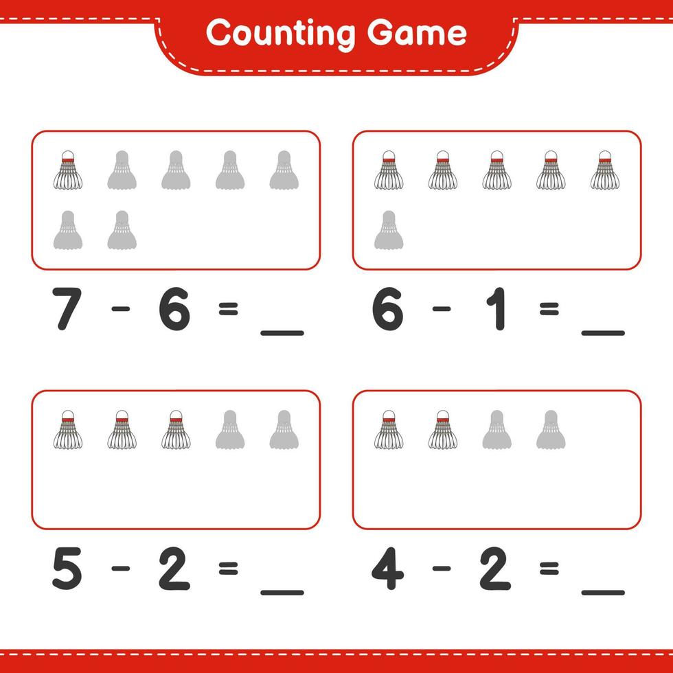 Count and match, count the number of Shuttlecock and match with the right numbers. Educational children game, printable worksheet, vector illustration