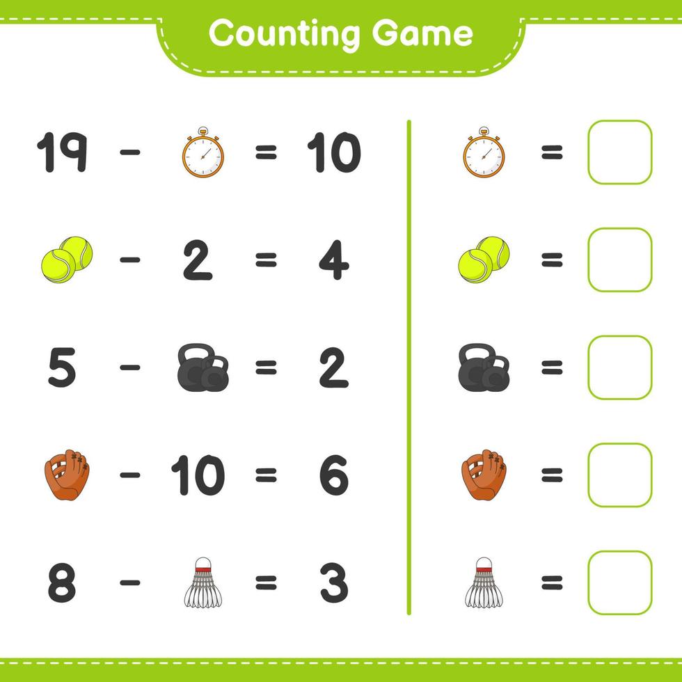 Count and match, count the number of Baseball Glove, Stopwatch, Tennis Ball, Dumbbell, Shuttlecock and match with the right numbers. Educational children game, printable worksheet, vector illustration