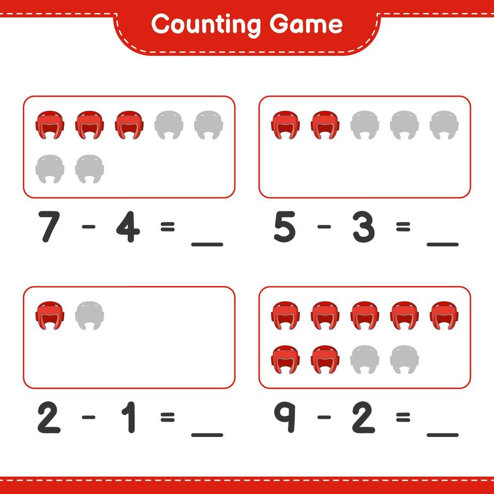 Count and match, count the number of Boxing Helmet and match with the right numbers. Educational children game, printable worksheet, vector illustration