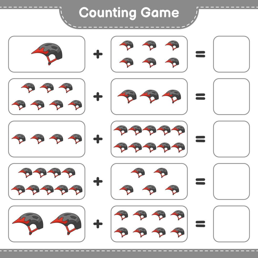 Count and match, count the number of Bicycle Helmet and match with the right numbers. Educational children game, printable worksheet, vector illustration