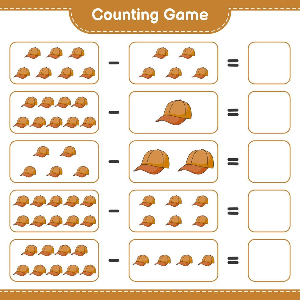 Count and match, count the number of Cap Hat and match with the right numbers. Educational children game, printable worksheet, vector illustration