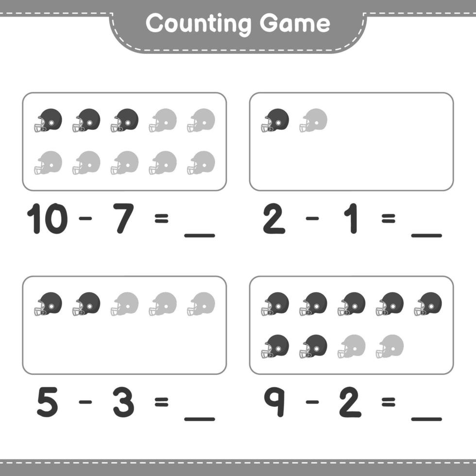 cuenta y empareja, cuenta el número de cascos de fútbol americano y empareja con los números correctos. juego educativo para niños, hoja de cálculo imprimible, ilustración vectorial vector