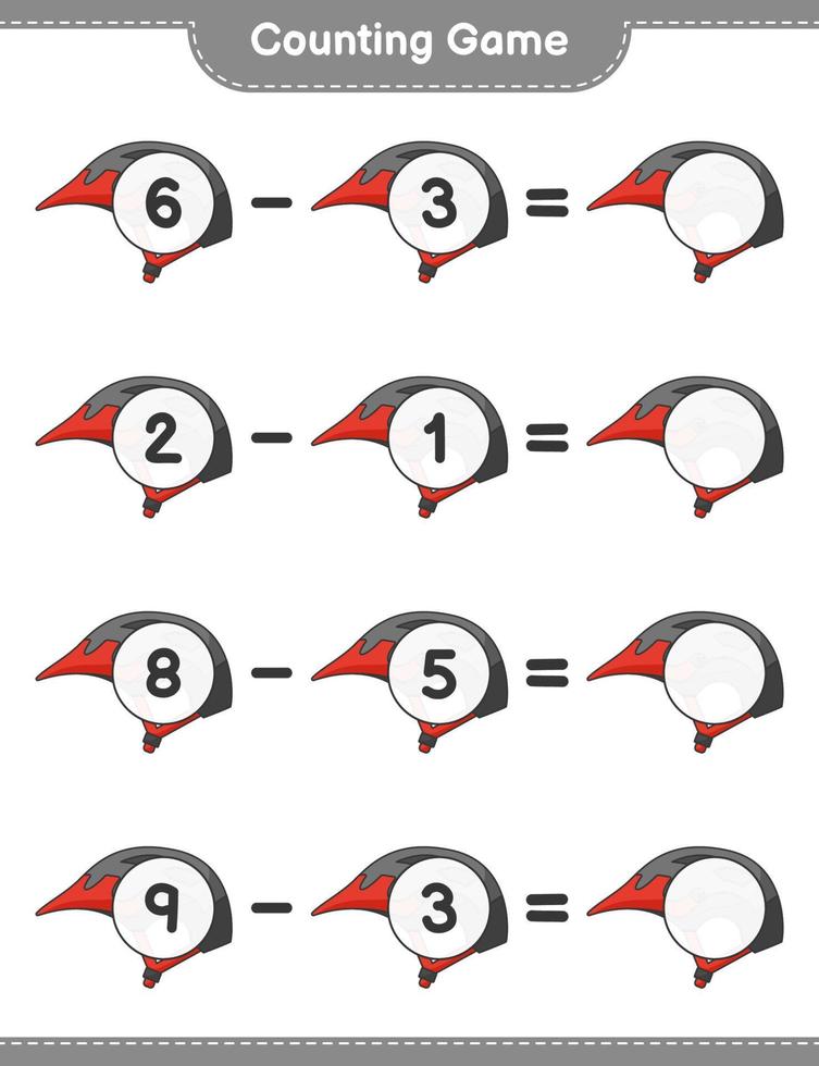 Count and match, count the number of Bicycle Helmet and match with the right numbers. Educational children game, printable worksheet, vector illustration