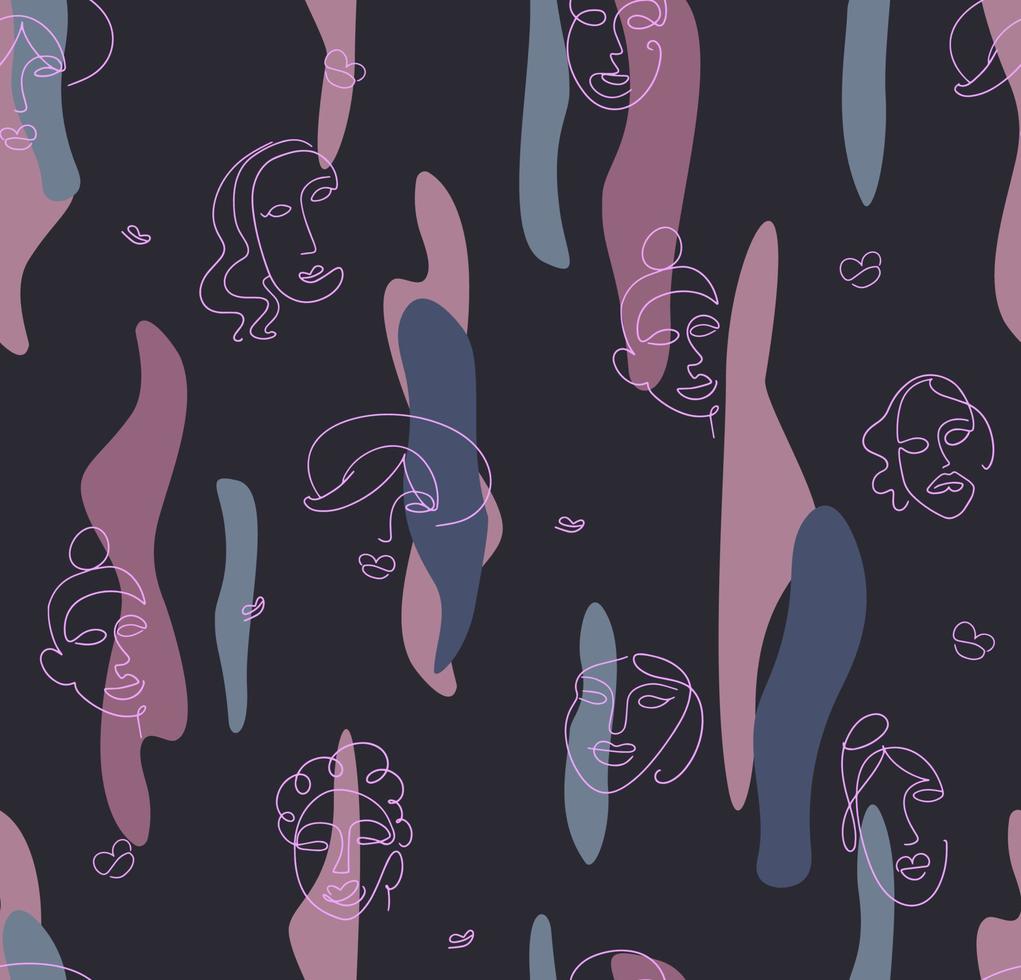 Abstract seamless pattern with women's faces in line-art style. vector