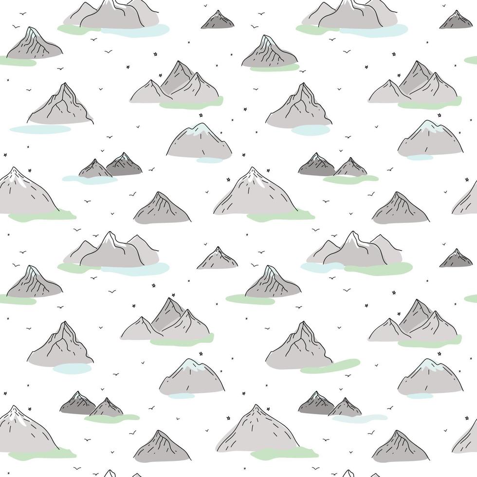 patrón de vector transparente con montañas sobre fondo blanco. estilo de boceto dibujado a mano.
