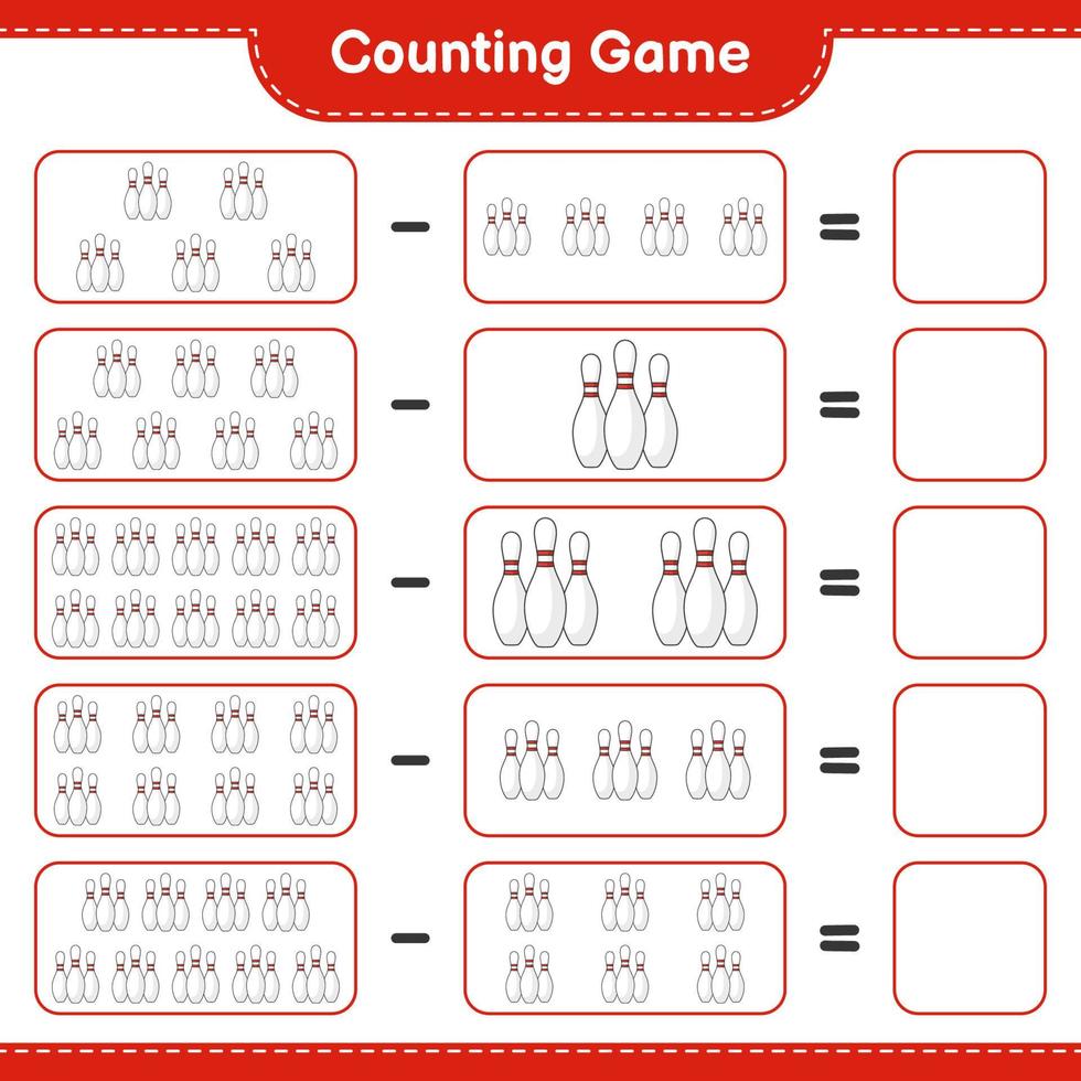 Count and match, count the number of Bowling Pin and match with the right numbers. Educational children game, printable worksheet, vector illustration