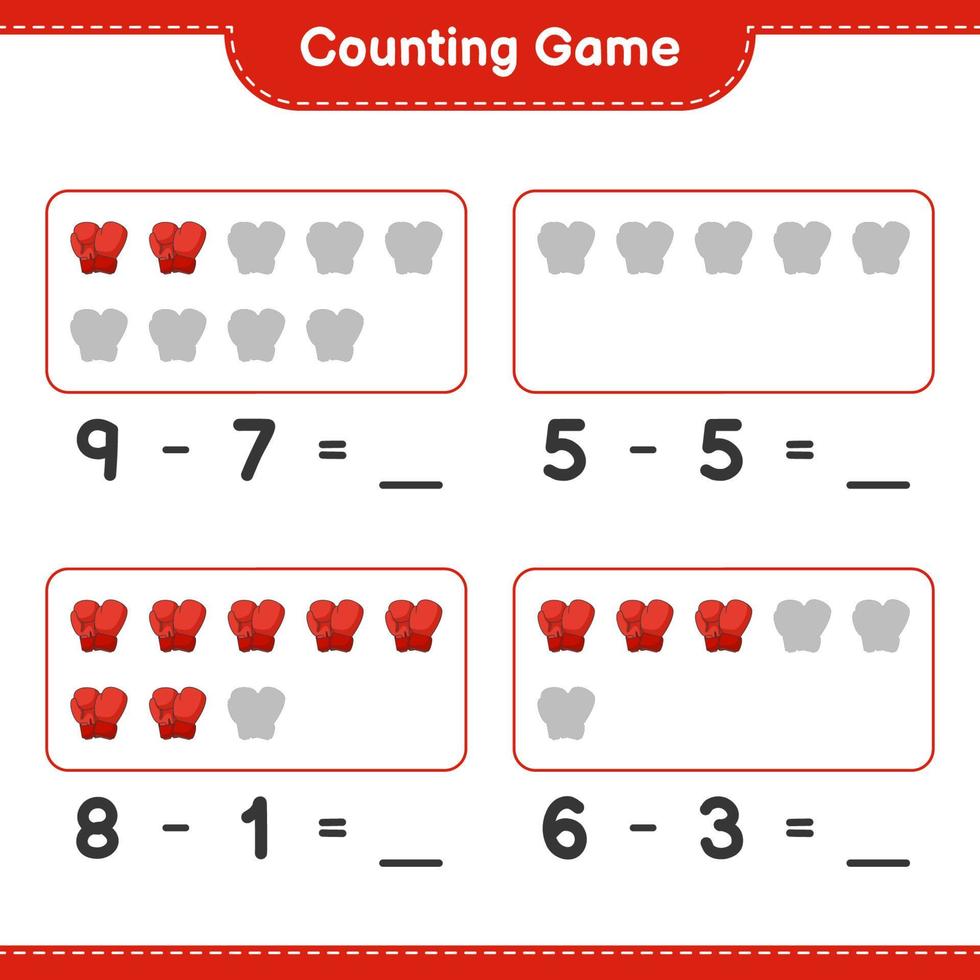 Count and match, count the number of Boxing Gloves and match with the right numbers. Educational children game, printable worksheet, vector illustration