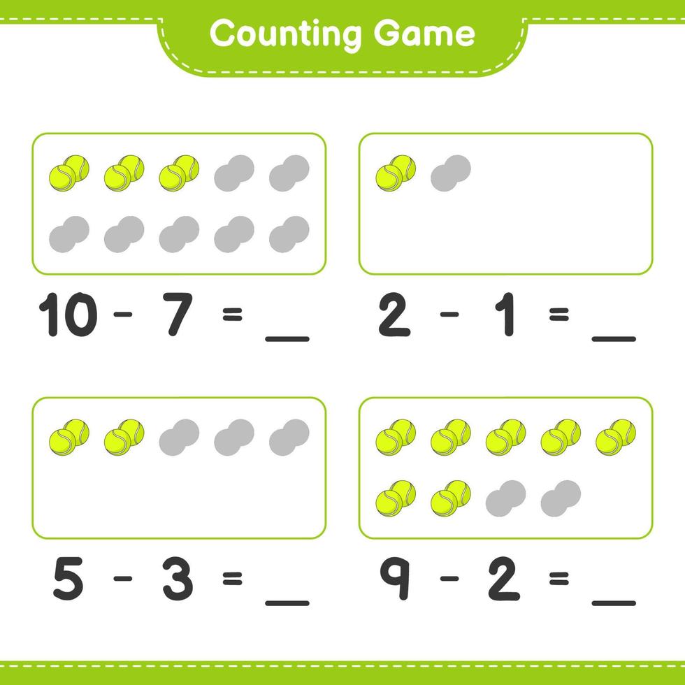 Count and match, count the number of Tennis Ball and match with the right numbers. Educational children game, printable worksheet, vector illustration