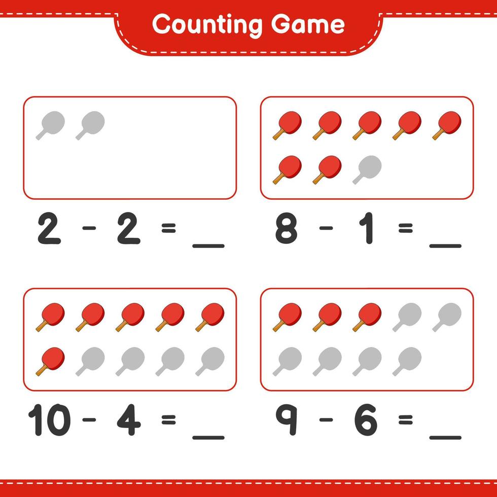 cuenta y empareja, cuenta el número de raquetas de ping pong y empareja con los números correctos. juego educativo para niños, hoja de cálculo imprimible, ilustración vectorial vector