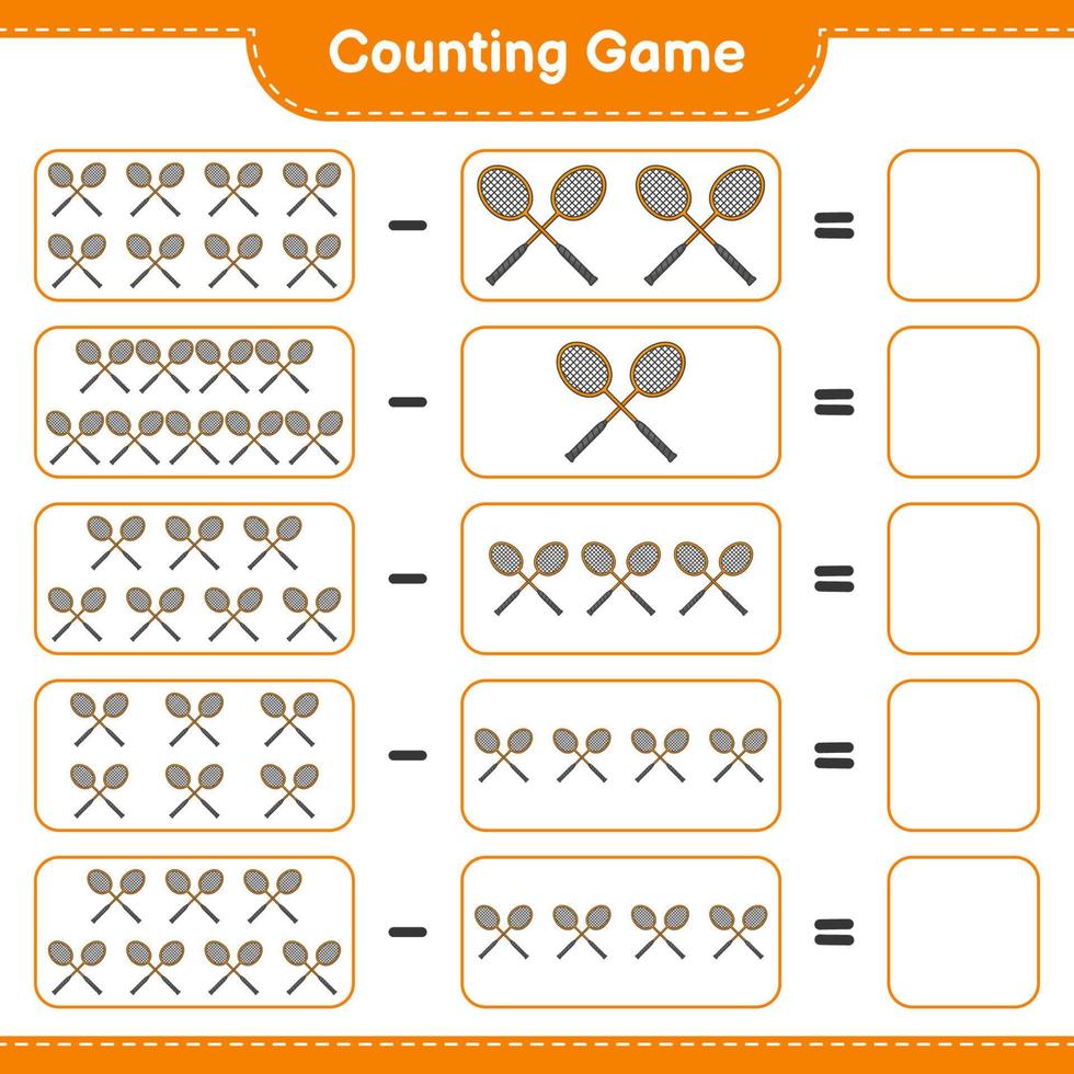 cuenta y empareja, cuenta el número de raquetas de bádminton y empareja con los números correctos. juego educativo para niños, hoja de cálculo imprimible, ilustración vectorial vector