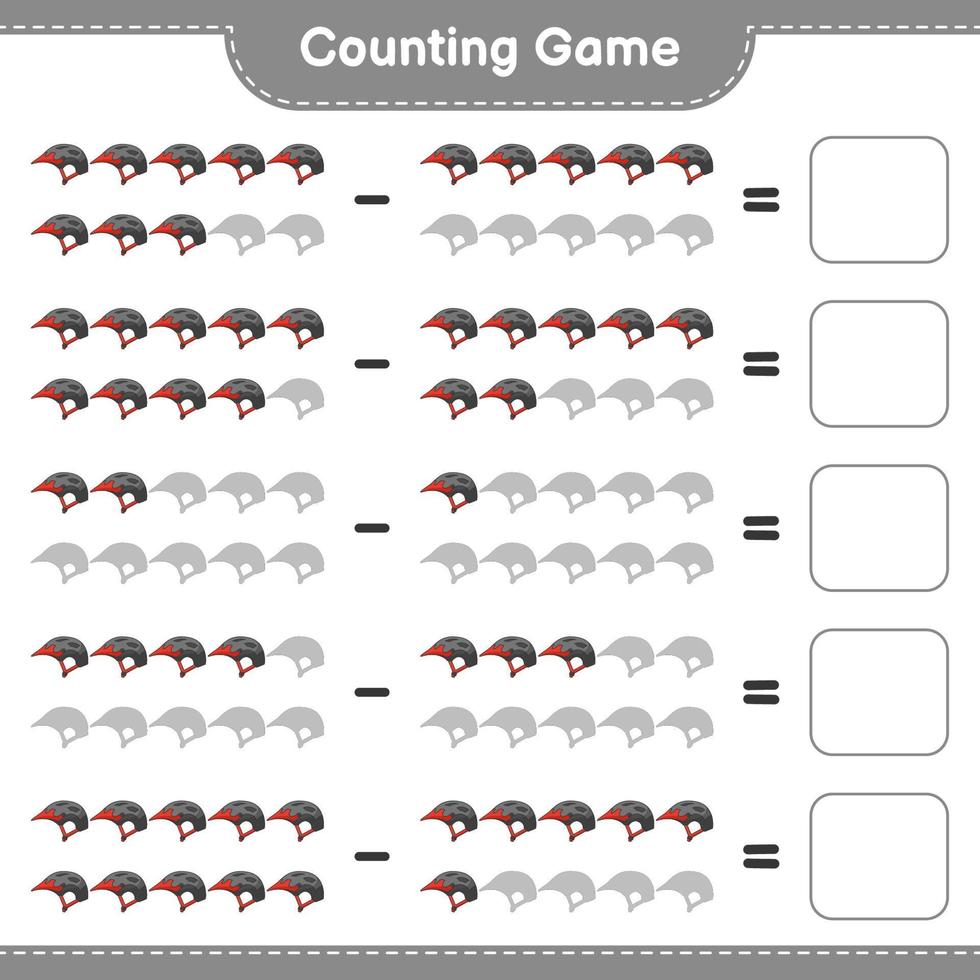 cuenta y empareja, cuenta el número de cascos de bicicleta y empareja con los números correctos. juego educativo para niños, hoja de cálculo imprimible, ilustración vectorial vector