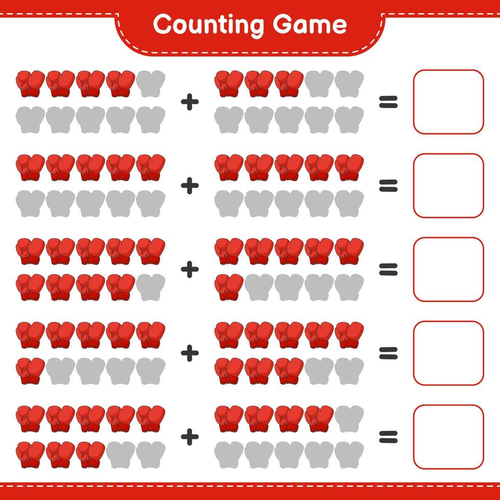 Count and match, count the number of Boxing Gloves and match with the right numbers. Educational children game, printable worksheet, vector illustration