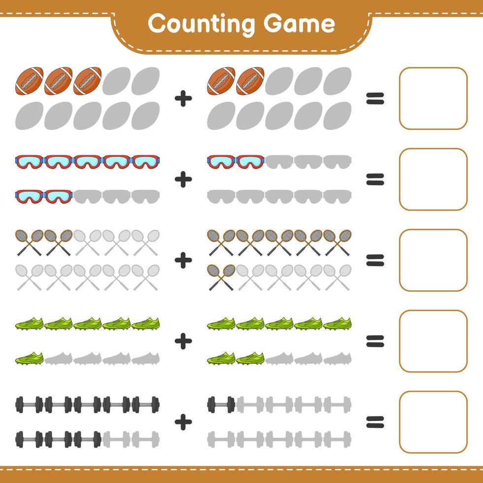 Count and match, count the number of Badminton Rackets, Dumbbell, Rugby Ball, Goggle, Soccer Shoes and match with the right numbers. Educational children game, printable worksheet, vector illustration