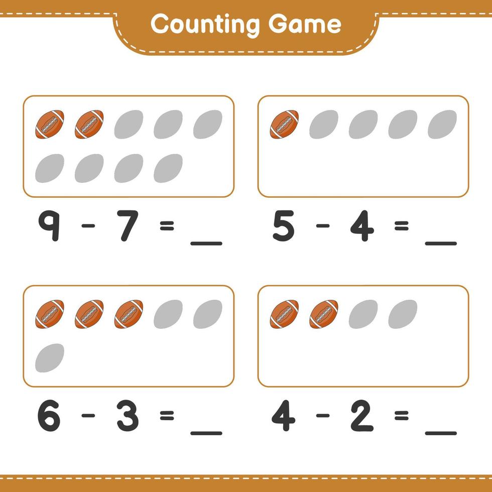 cuenta y empareja, cuenta el número de pelotas de rugby y empareja con los números correctos. juego educativo para niños, hoja de cálculo imprimible, ilustración vectorial vector