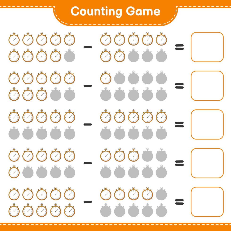 Count and match, count the number of Stopwatch and match with the right numbers. Educational children game, printable worksheet, vector illustration