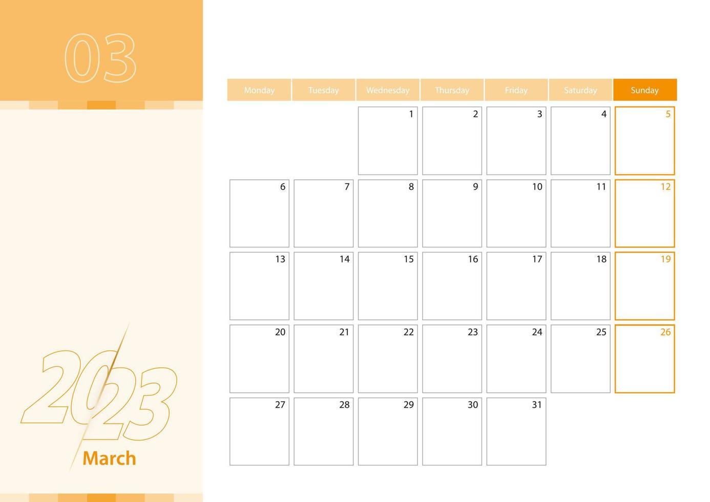 Horizontal planner for March 2023 in the orange color scheme. The week begins on Monday. A wall calendar in a minimalist style. vector