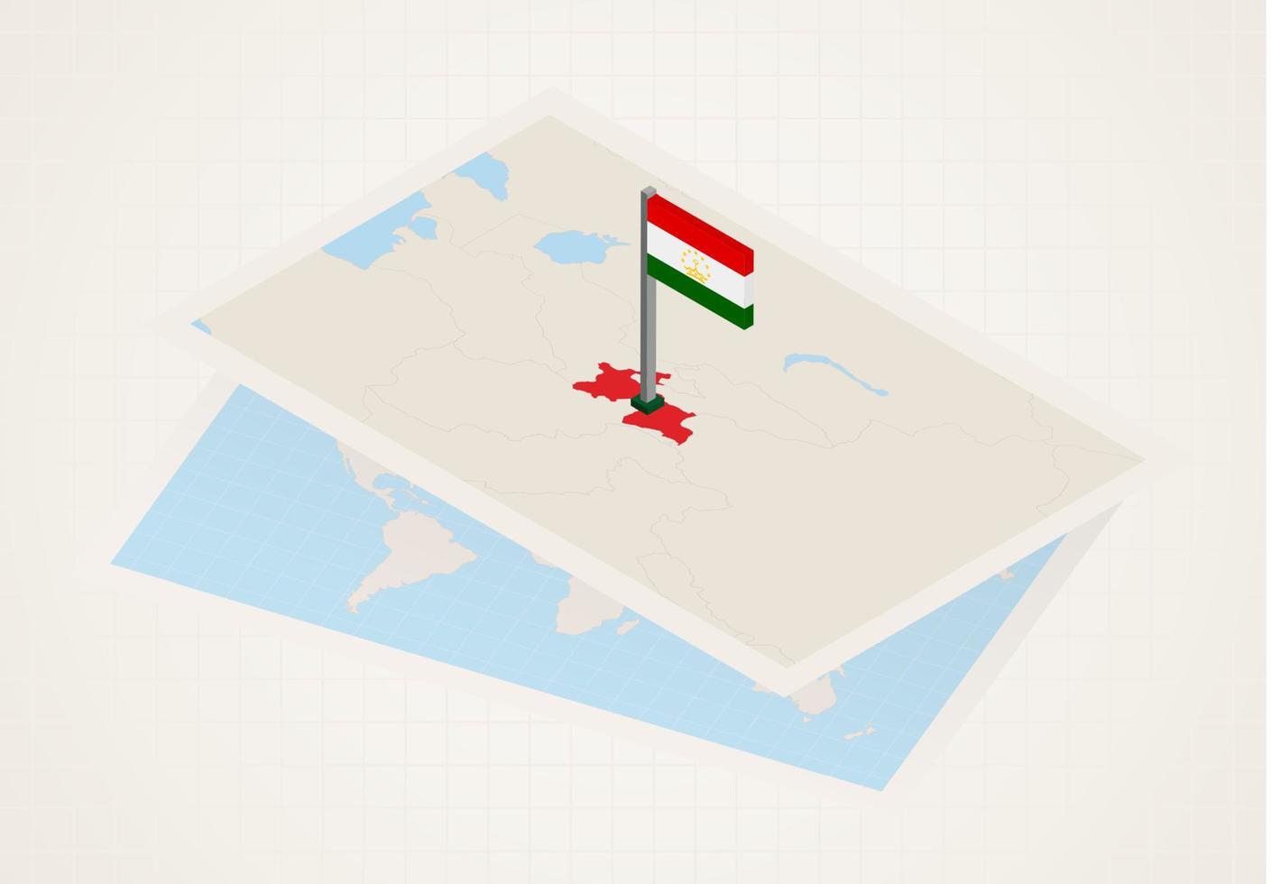 Tajikistan selected on map with isometric flag of Tajikistan. vector