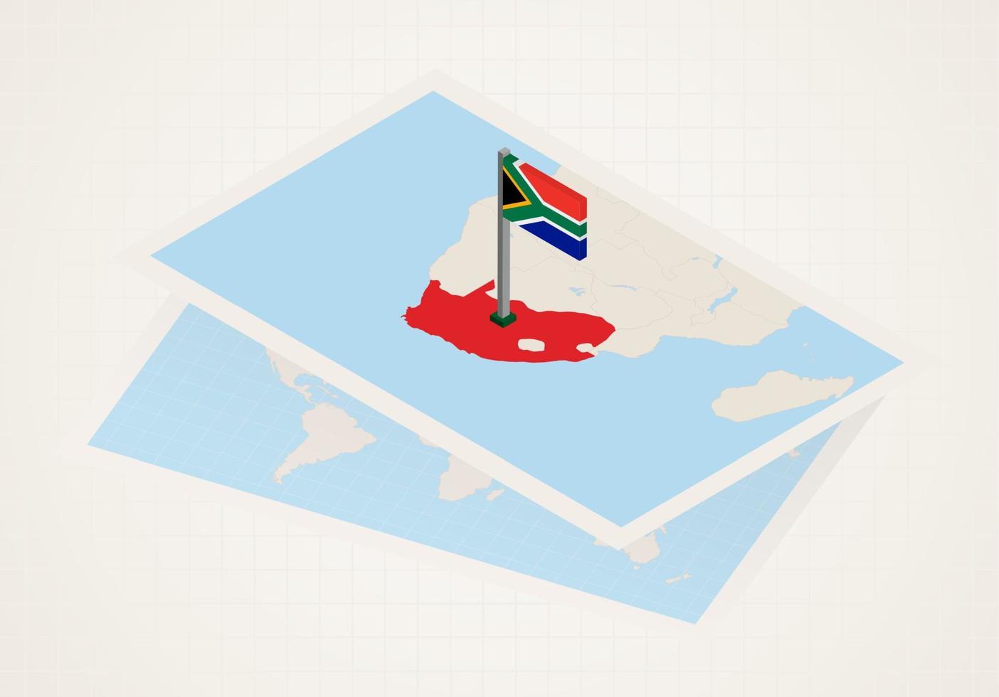 South Africa selected on map with 3D flag of South Africa. vector