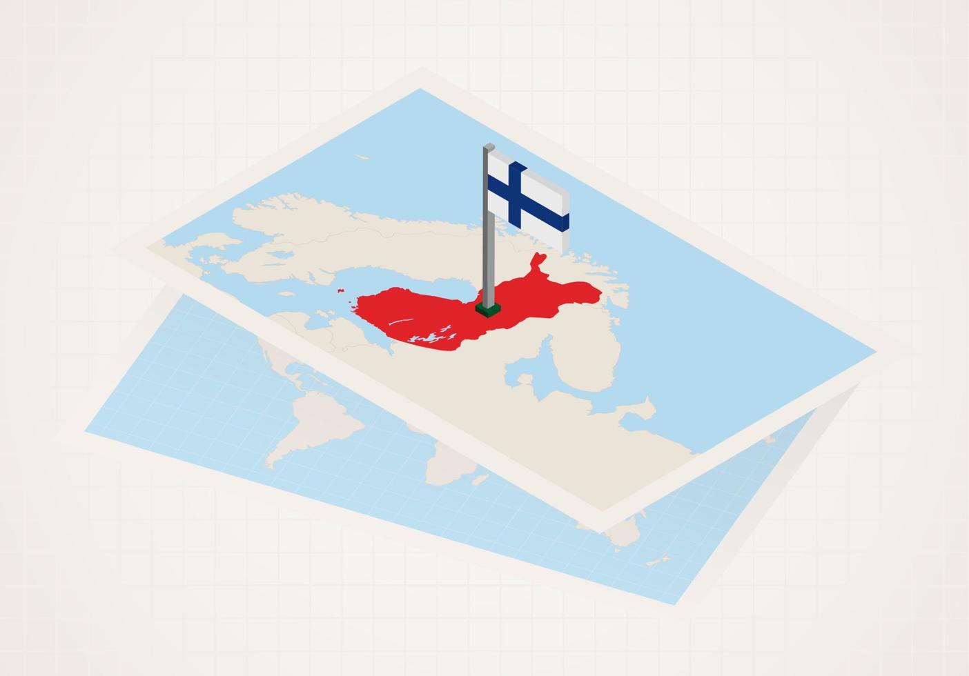 Finland selected on map with isometric flag of Finland. vector
