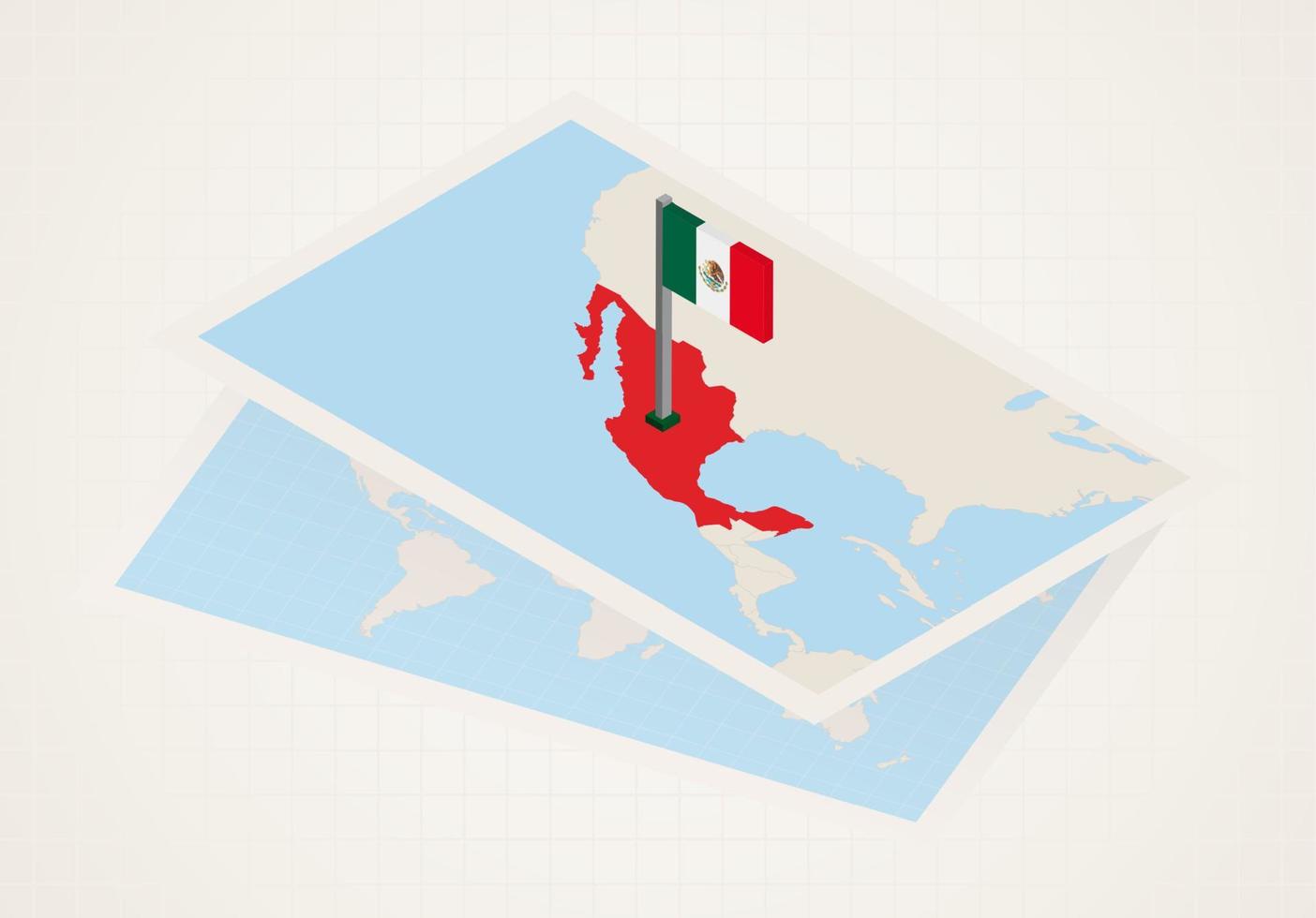 méxico seleccionado en el mapa con bandera isométrica de méxico. vector