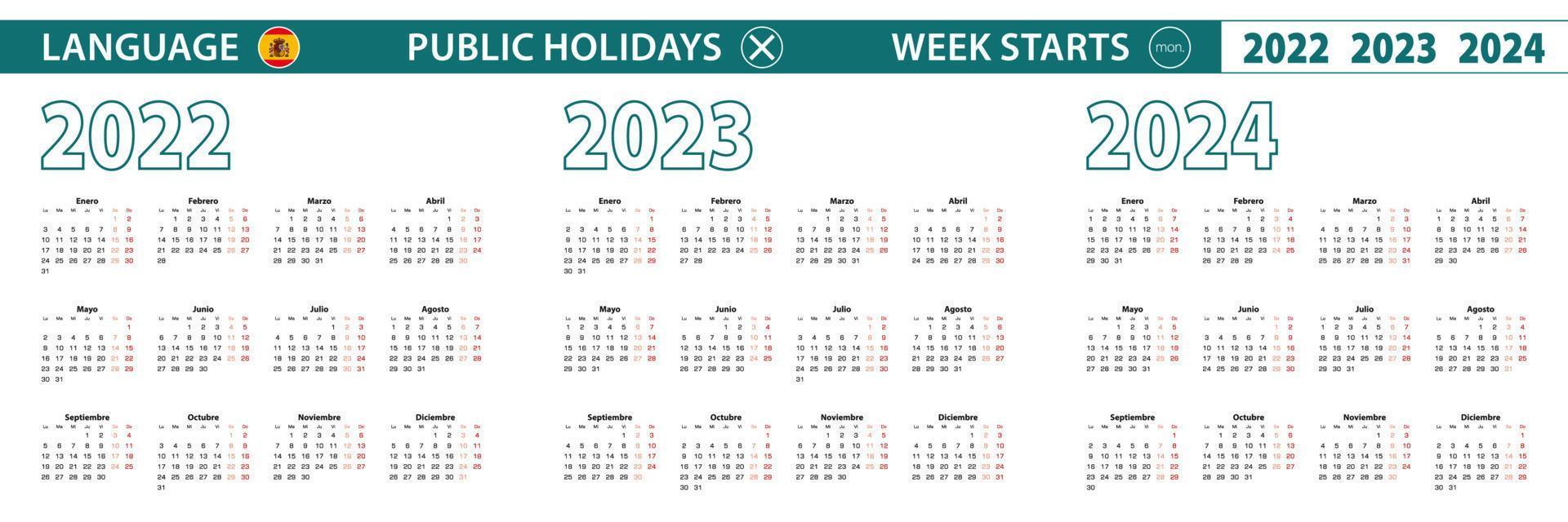Simple calendar template in Spanish for 2022, 2023, 2024 years. Week starts from Monday. vector