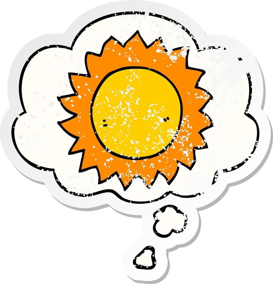 cartoon sun and thought bubble as a distressed worn sticker vector