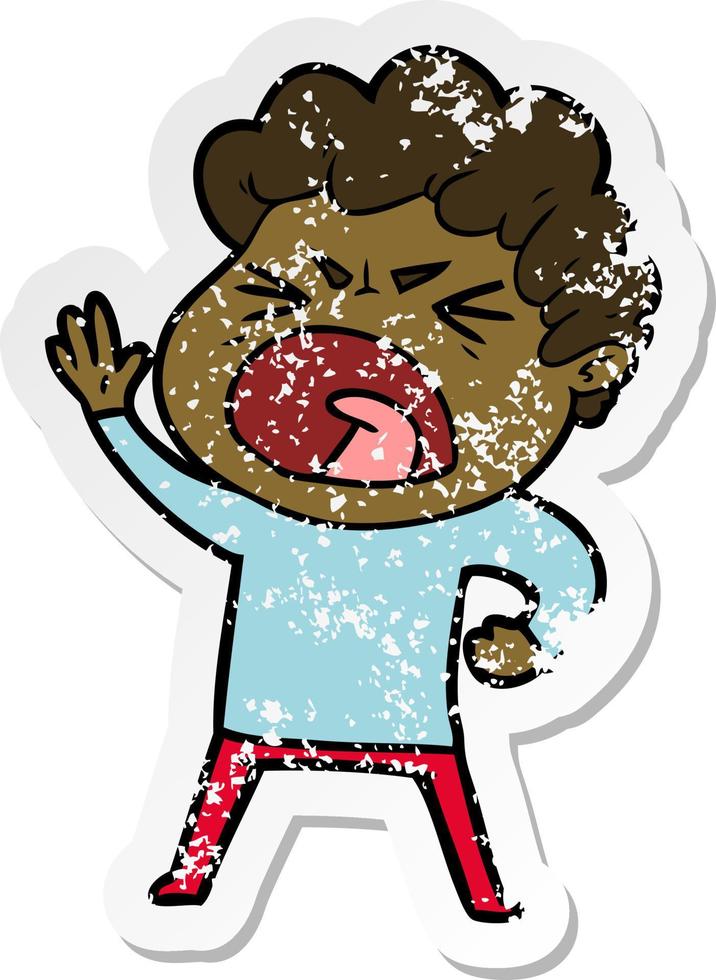 distressed sticker of a cartoon furious man vector