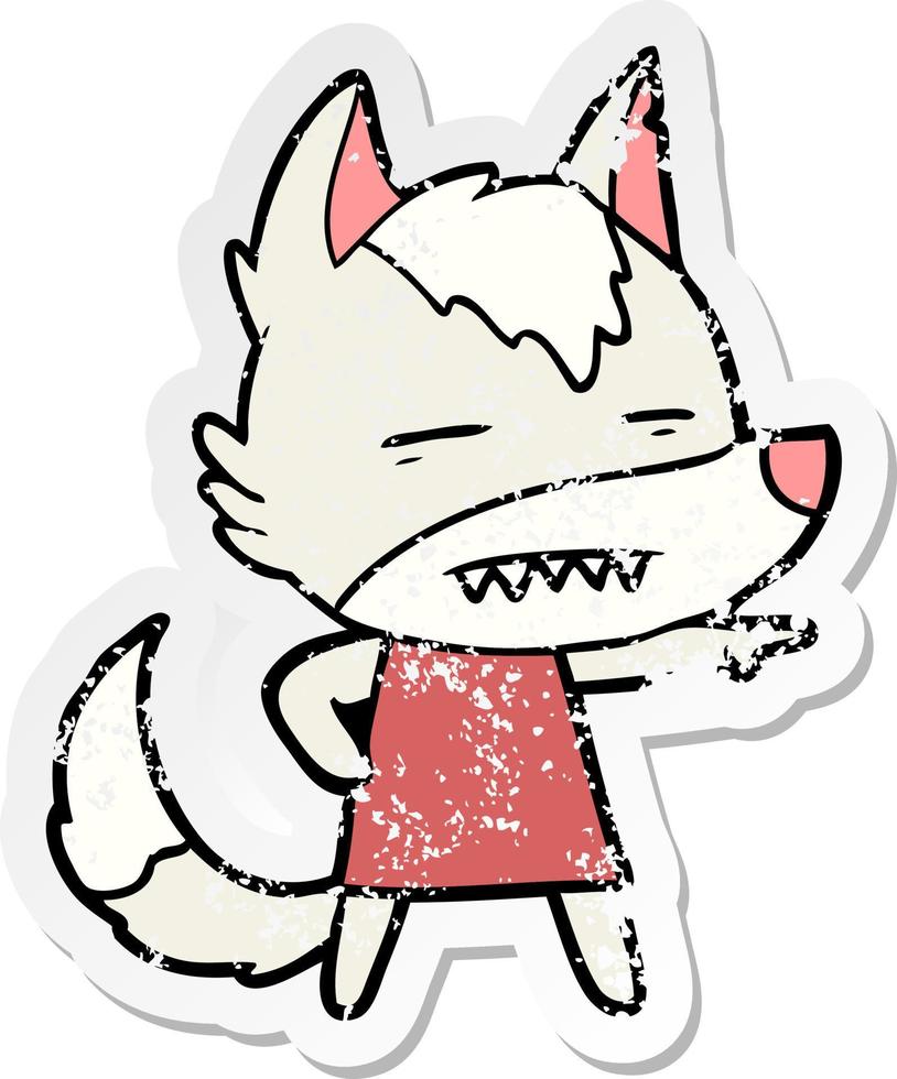 distressed sticker of a cartoon wolf showing teeth vector