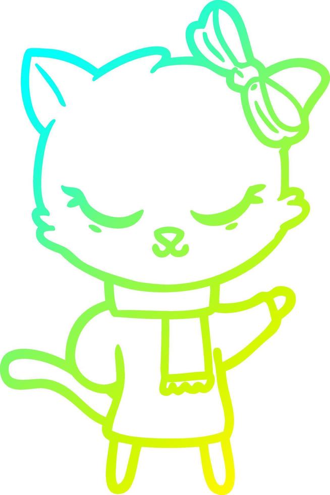cold gradient line drawing cute cartoon cat with bow vector