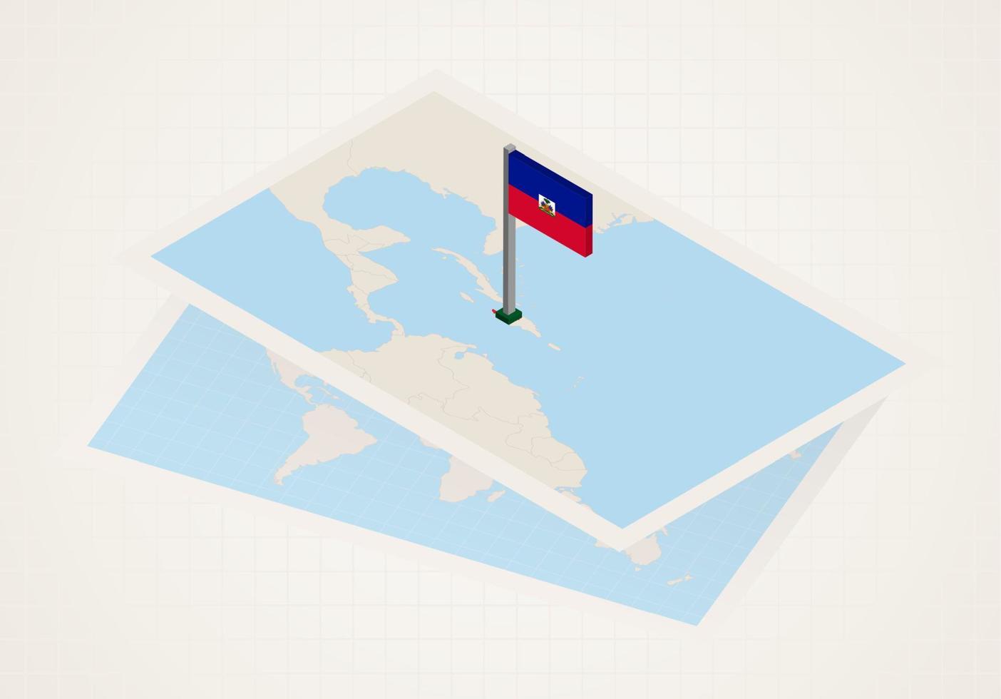 Haiti selected on map with isometric flag of Haiti. vector