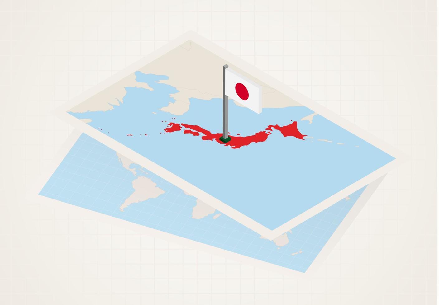japón seleccionado en el mapa con bandera isométrica de japón. vector