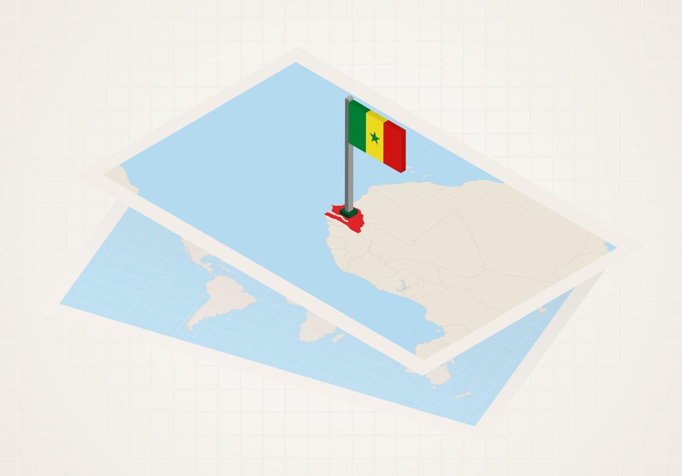 Senegal selected on map with 3D flag of Senegal. vector