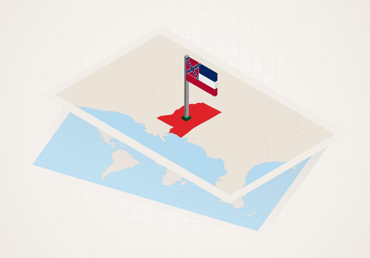 Mississippi state selected on map with isometric flag of Mississippi. vector