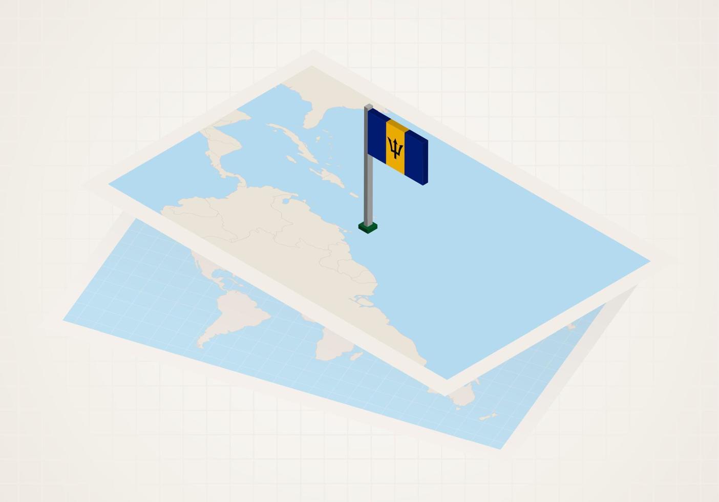 Barbados selected on map with isometric flag of Barbados. vector