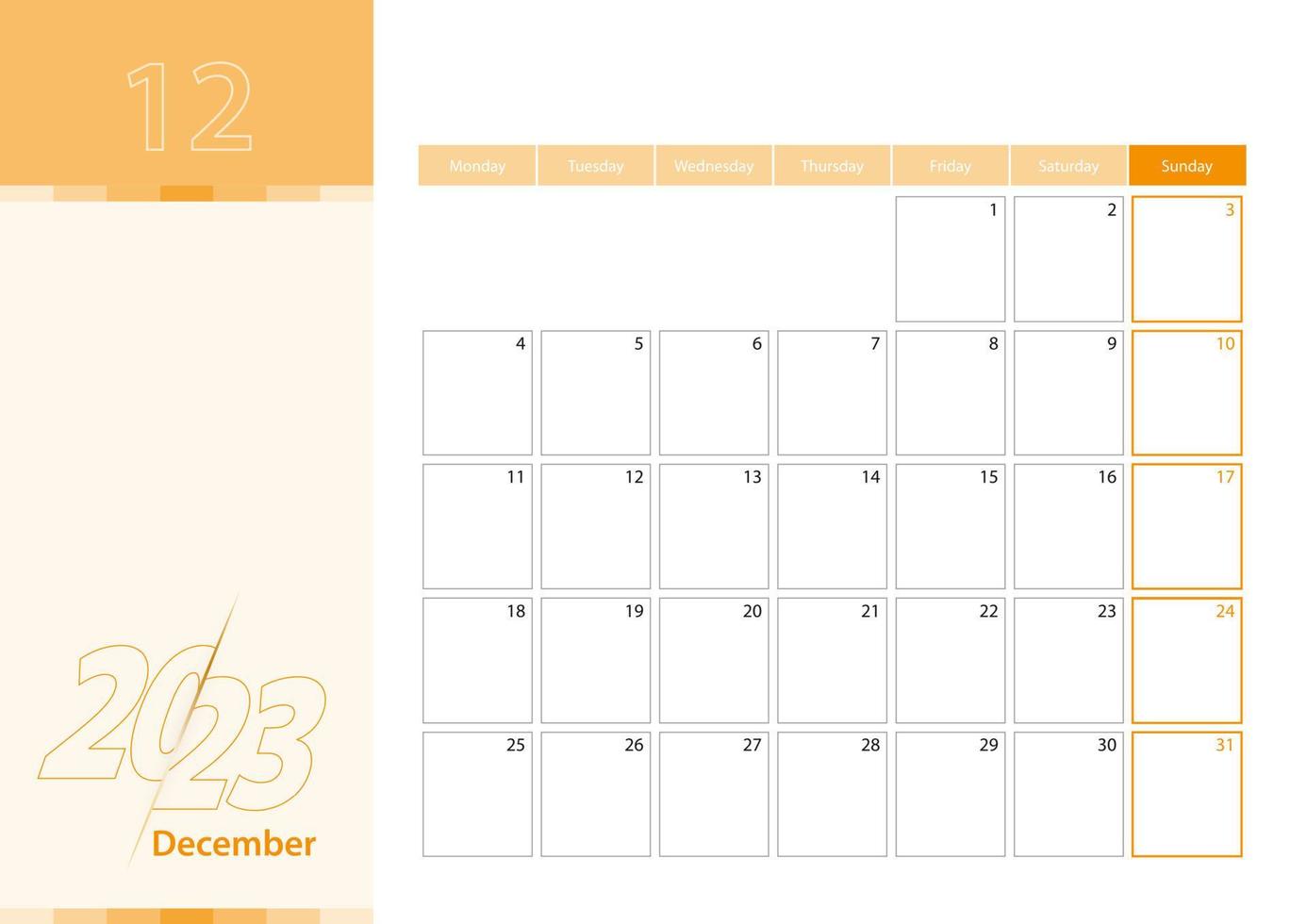 planificador horizontal para diciembre de 2023 en el esquema de color naranja. la semana comienza el lunes. un calendario de pared de estilo minimalista. vector