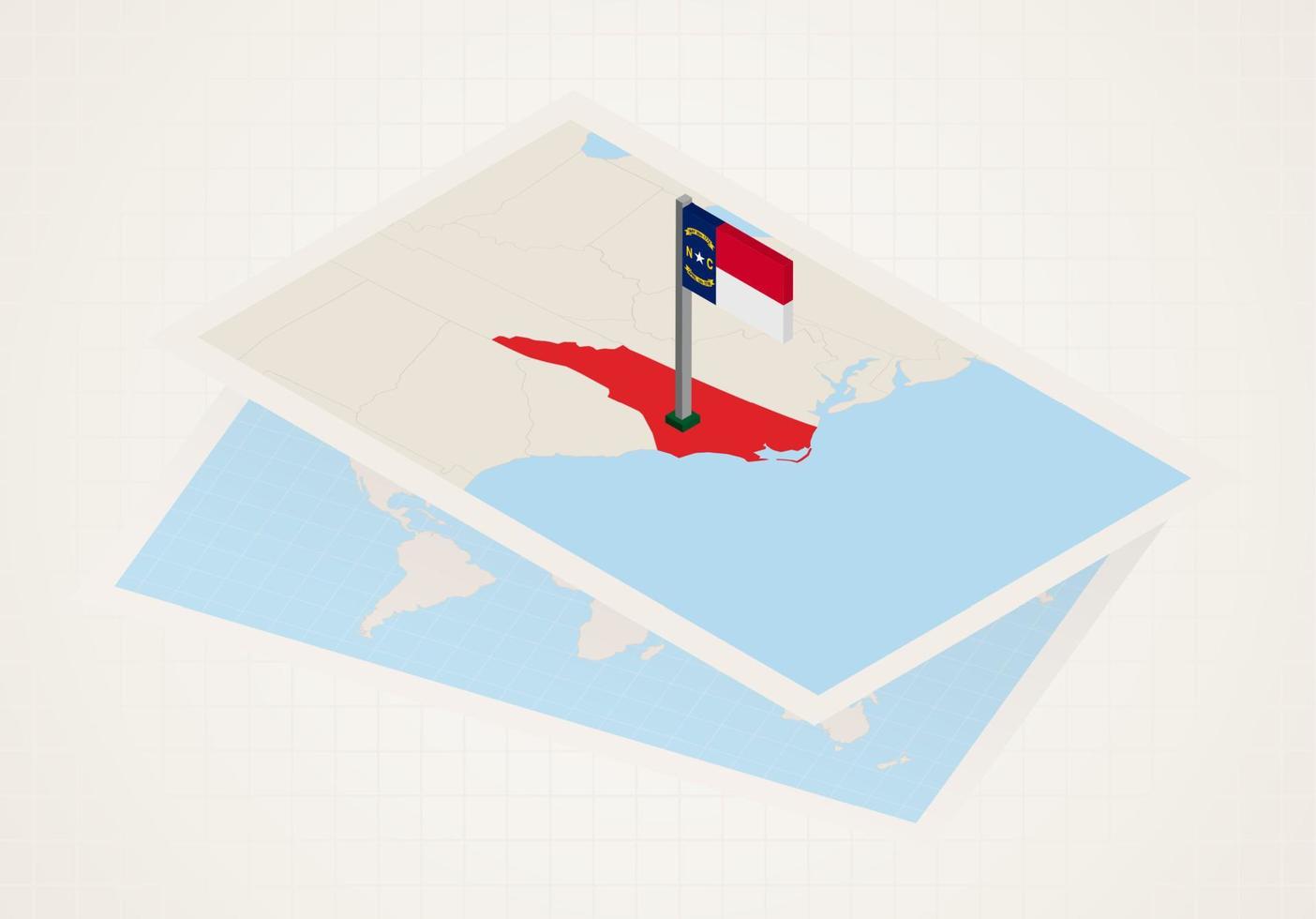 North Carolina state selected on map with isometric flag of North Carolina. vector