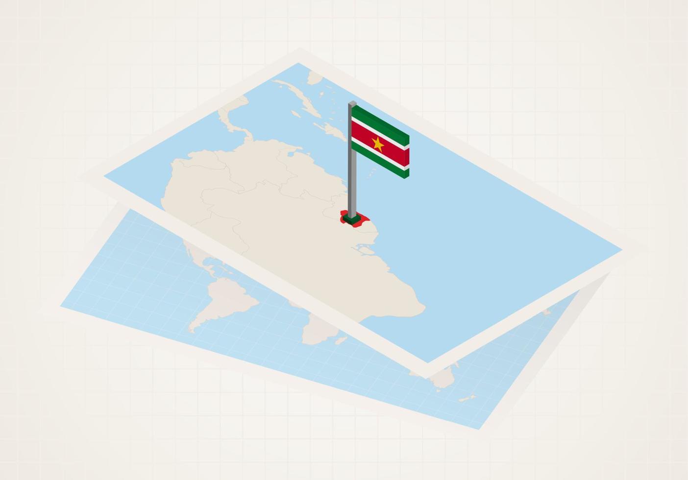 Suriname selected on map with isometric flag of Suriname. vector