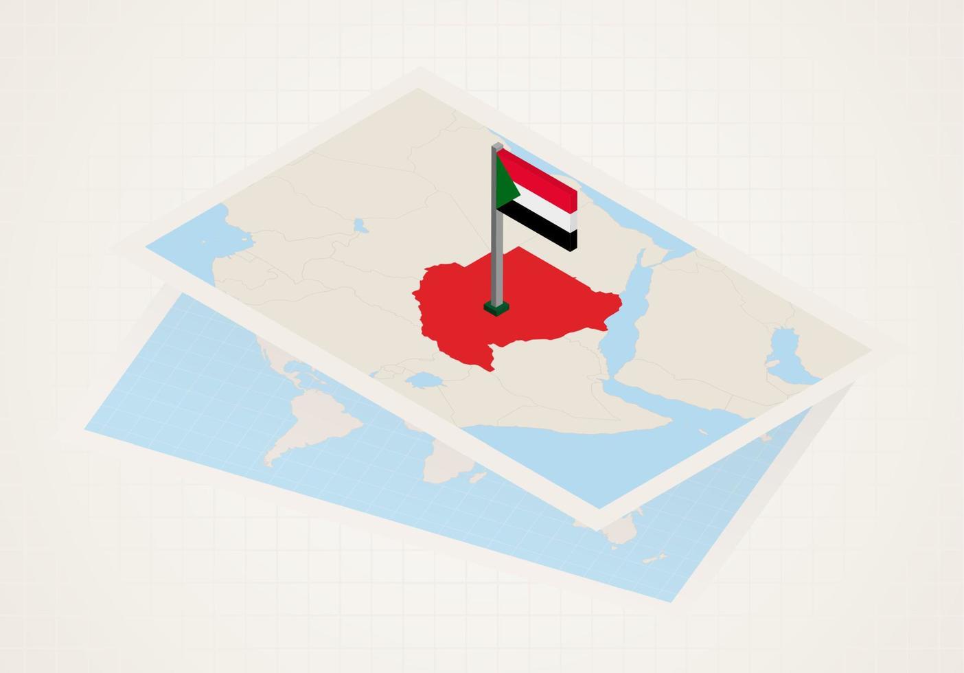 Sudan selected on map with 3D flag of Sudan. vector