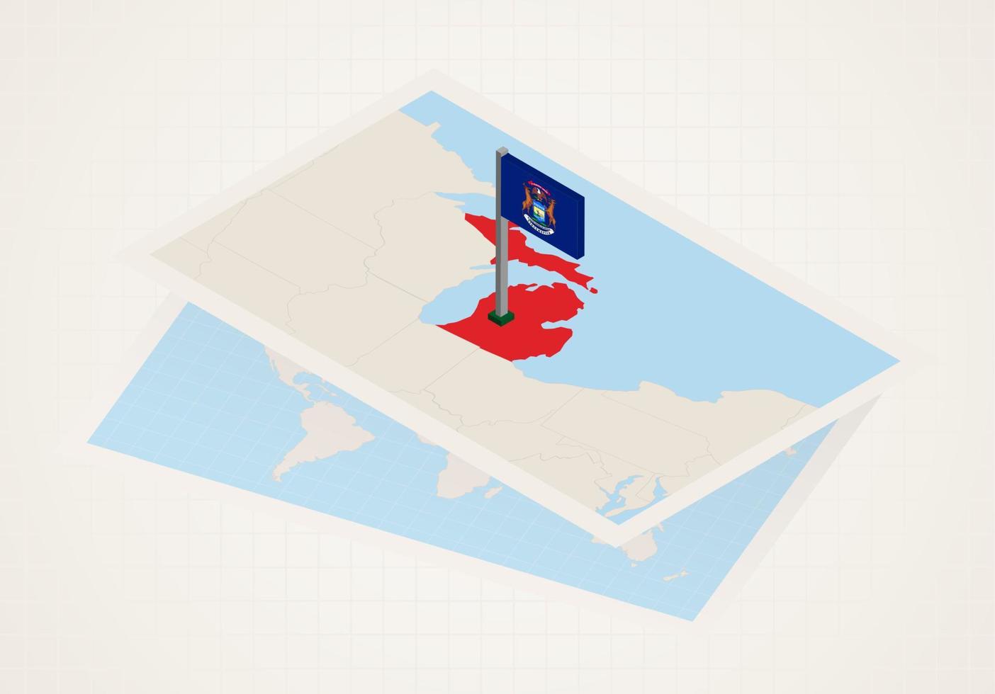 estado de michigan seleccionado en el mapa con bandera isométrica de michigan. vector