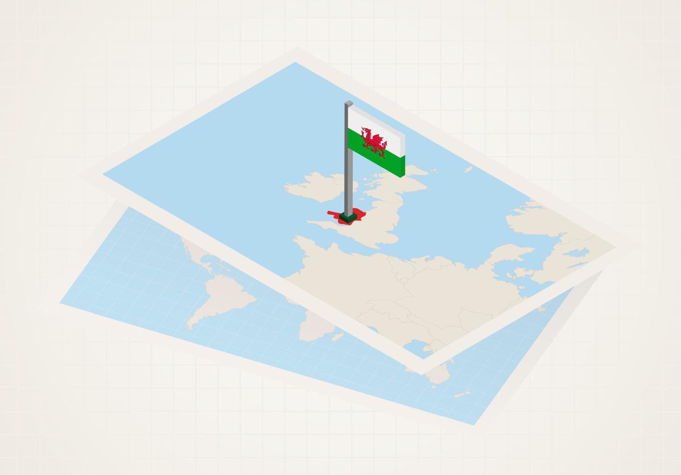 Wales selected on map with isometric flag of Wales. vector