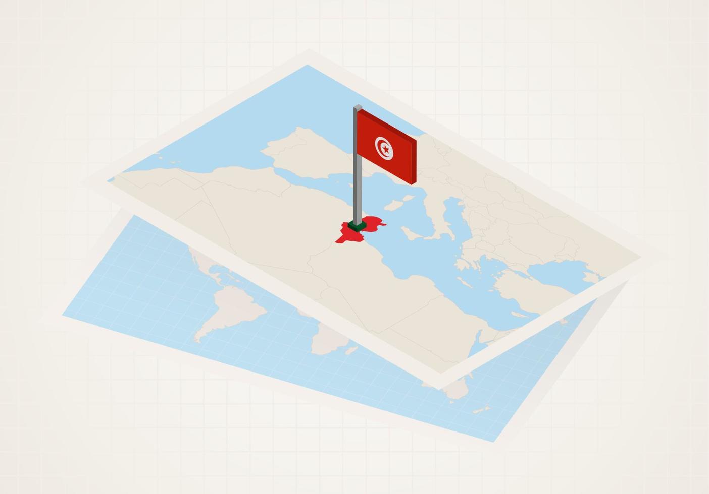 Tunisia selected on map with 3D flag of Tunisia. vector