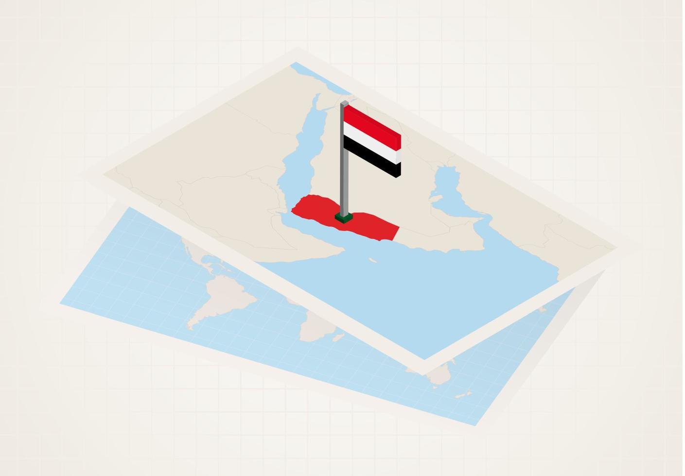 Yemen selected on map with isometric flag of Yemen. vector