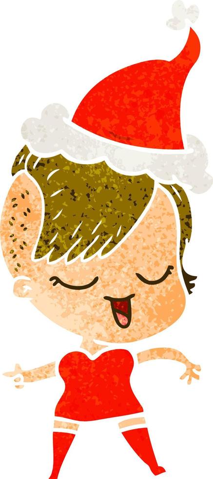 happy retro cartoon of a girl wearing santa hat vector