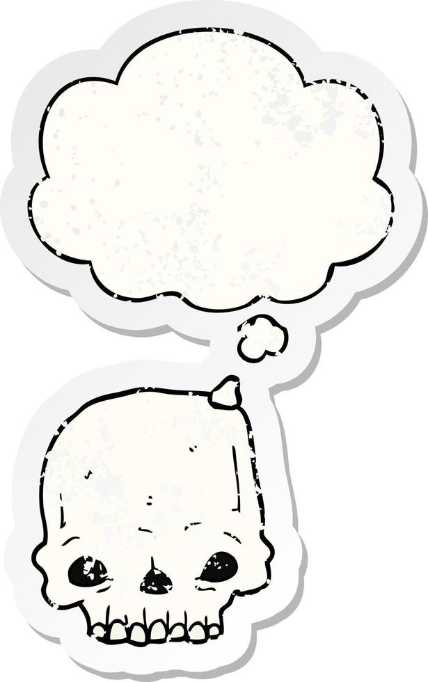 cartoon spooky skull and thought bubble as a distressed worn sticker vector
