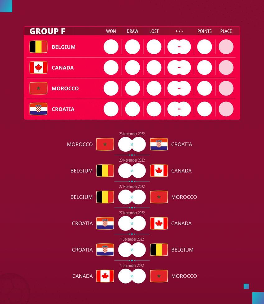 Football cup 2022, Group F match schedule. Flags of Belgium, Canada, Morocco, Croatia. vector
