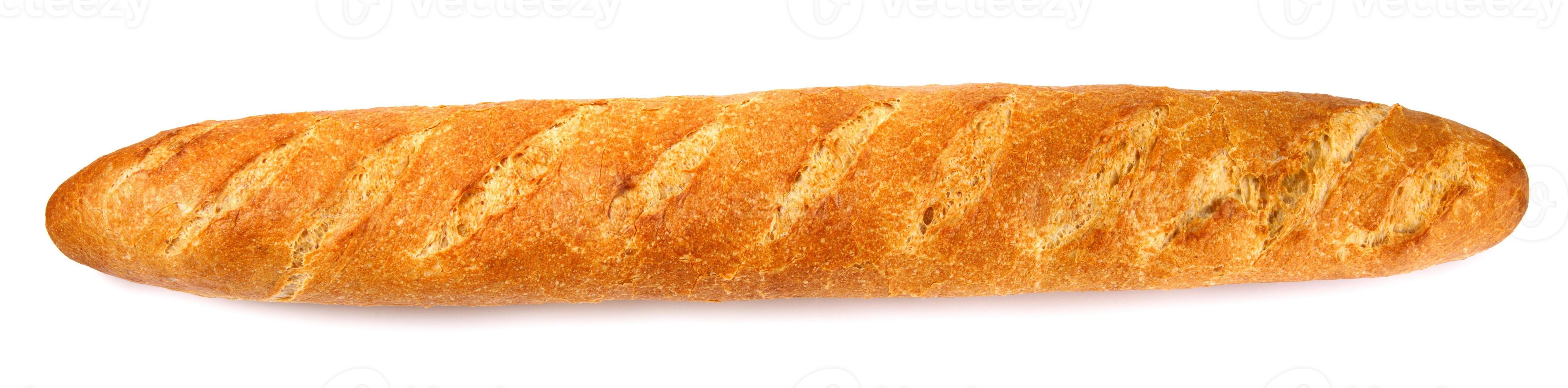 The baguette is isolated on a white background. French baguette. Top view. photo