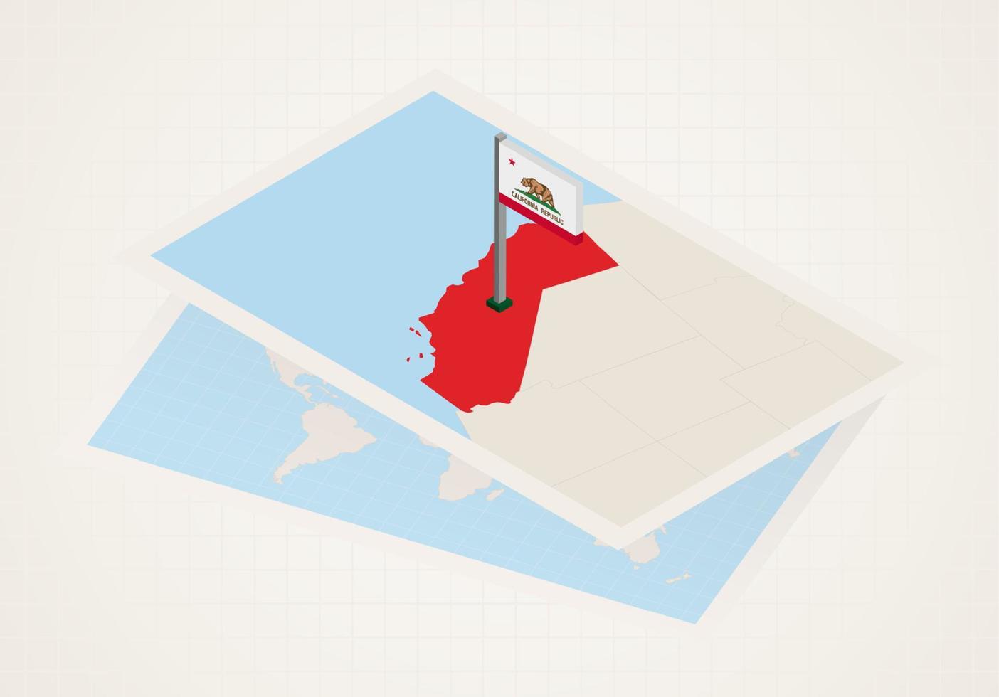 California state selected on map with isometric flag of California. vector