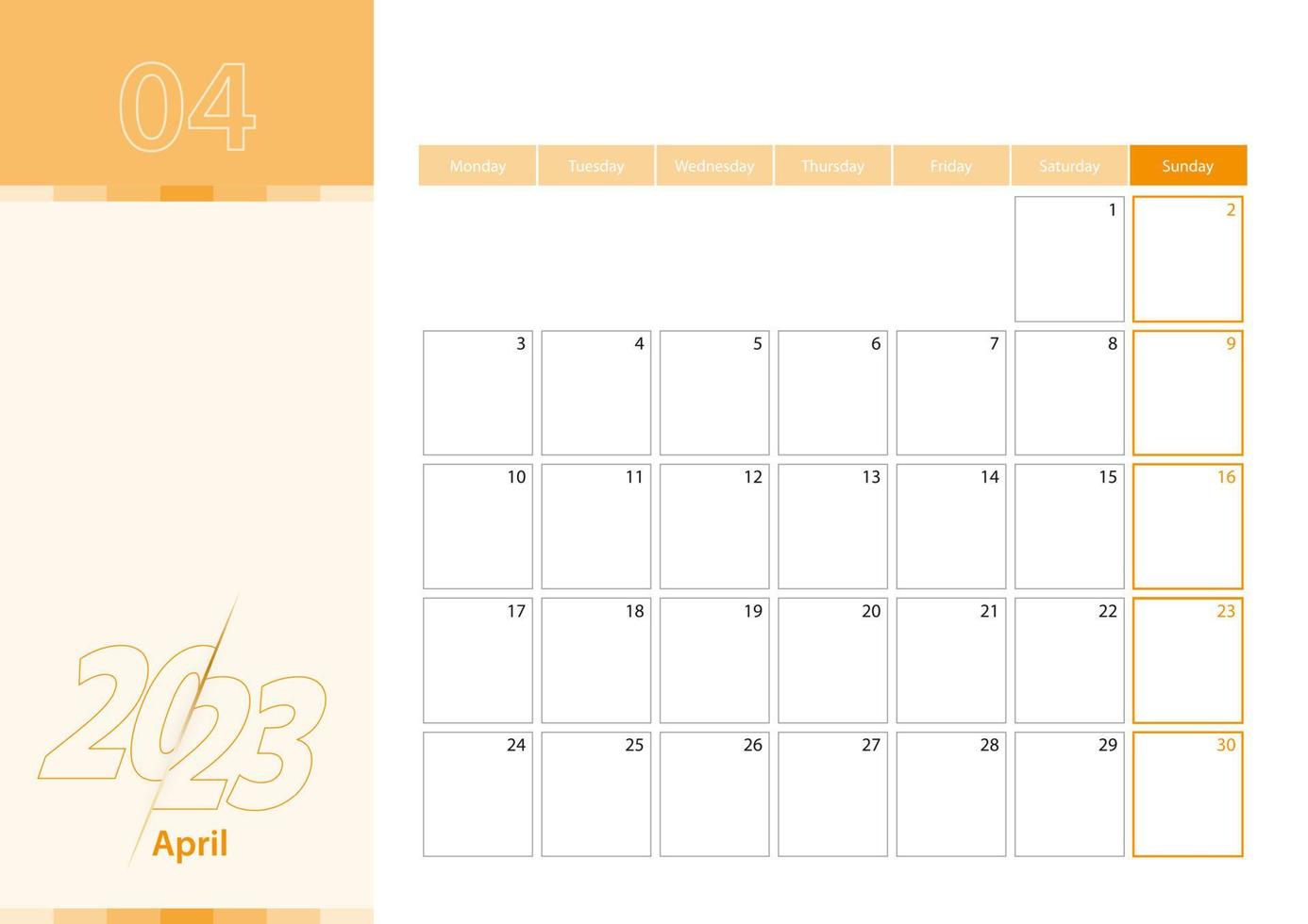 planificador horizontal para abril de 2023 en el esquema de color naranja. la semana comienza el lunes. un calendario de pared de estilo minimalista. vector