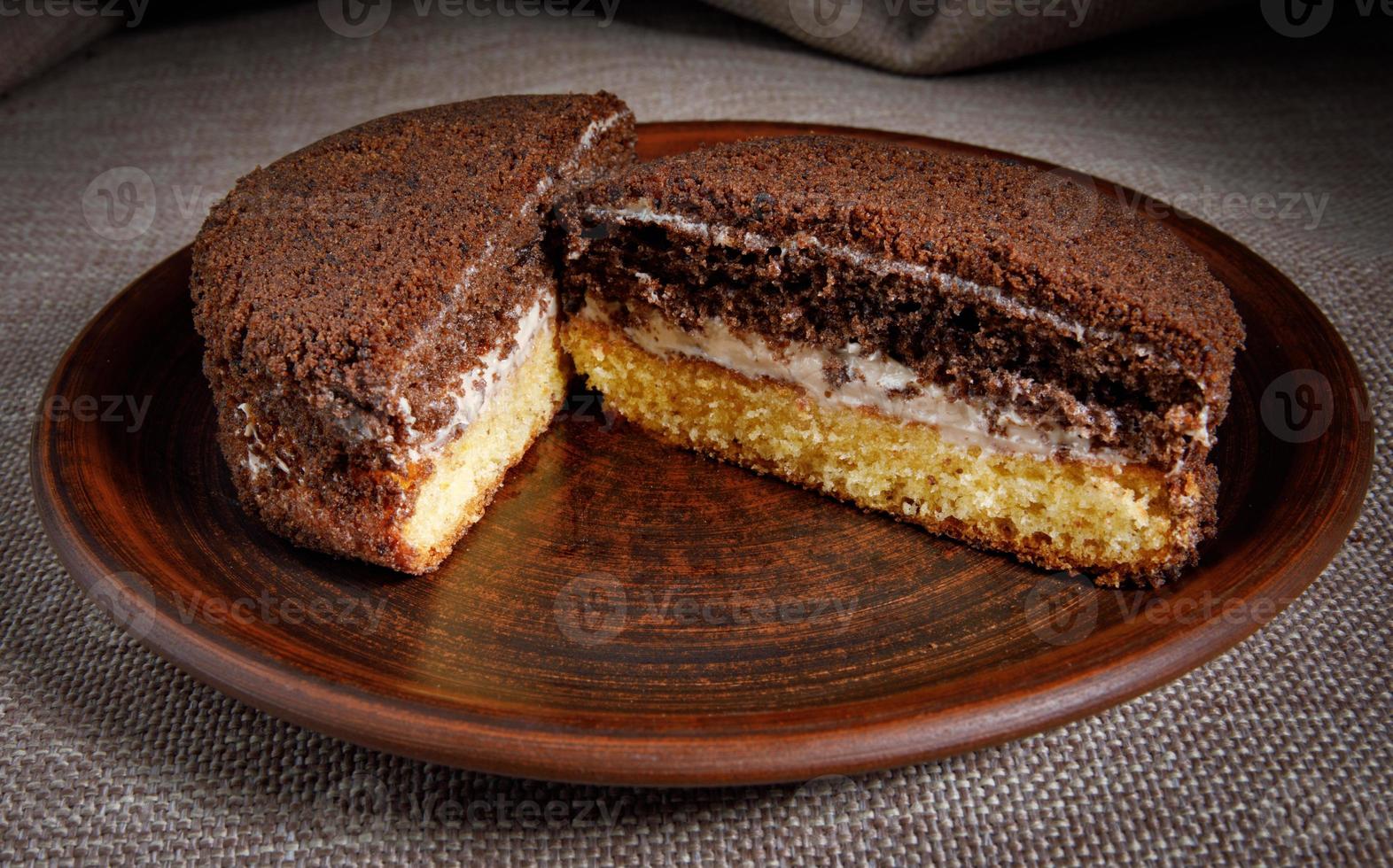 The tiramisu cake is cut in half on a beautiful ceramic plate. Side view. photo